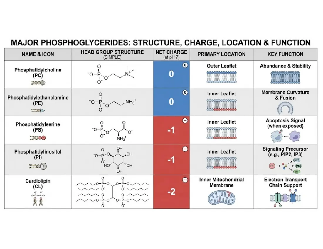 A reference grid of PC, PE, PS, PI, and cardiolipin showing head group, net charge, membrane leaflet, and key function.