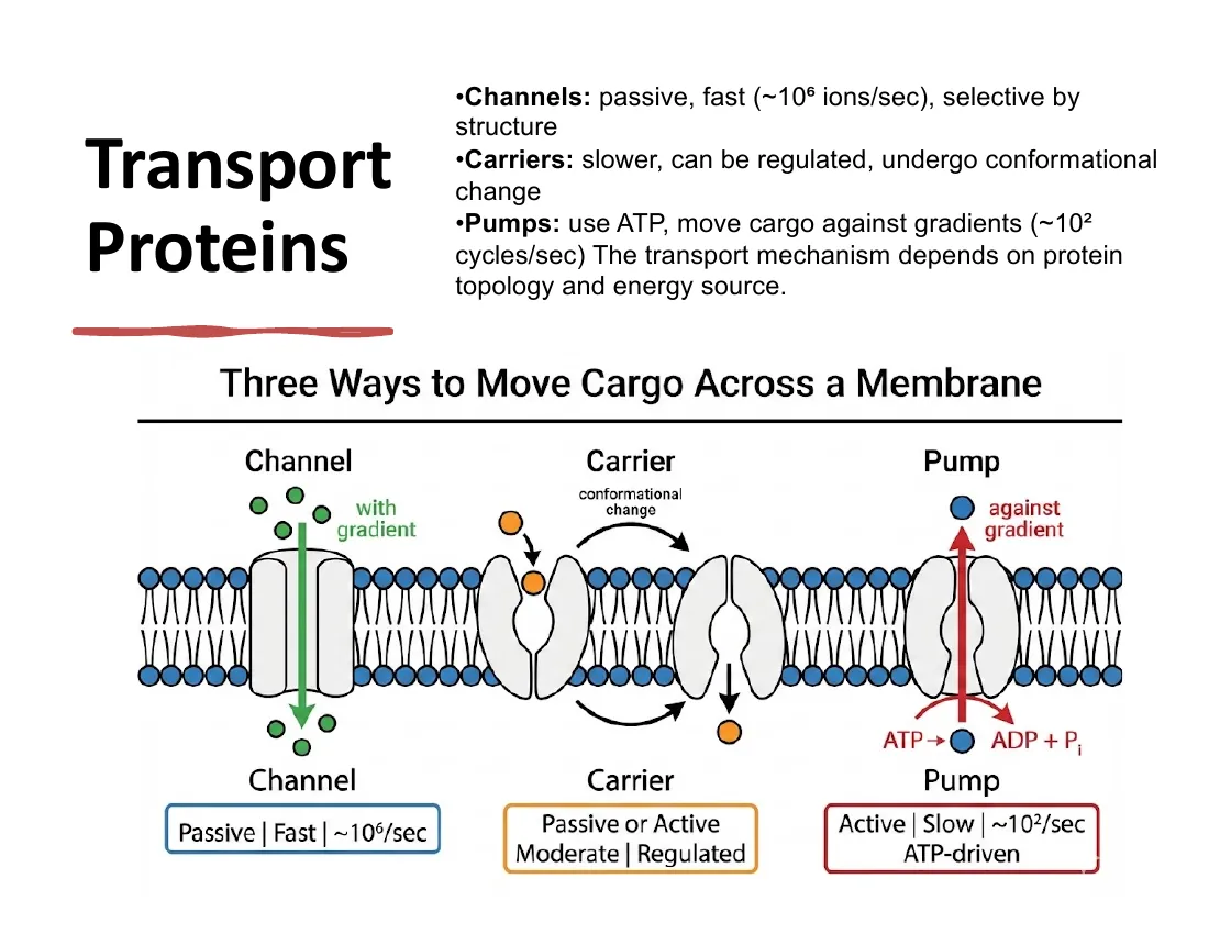 Three transport-protein families compared by speed and energy source: fast passive channels, regulated shape-changing carriers, and ATP-driven pumps.