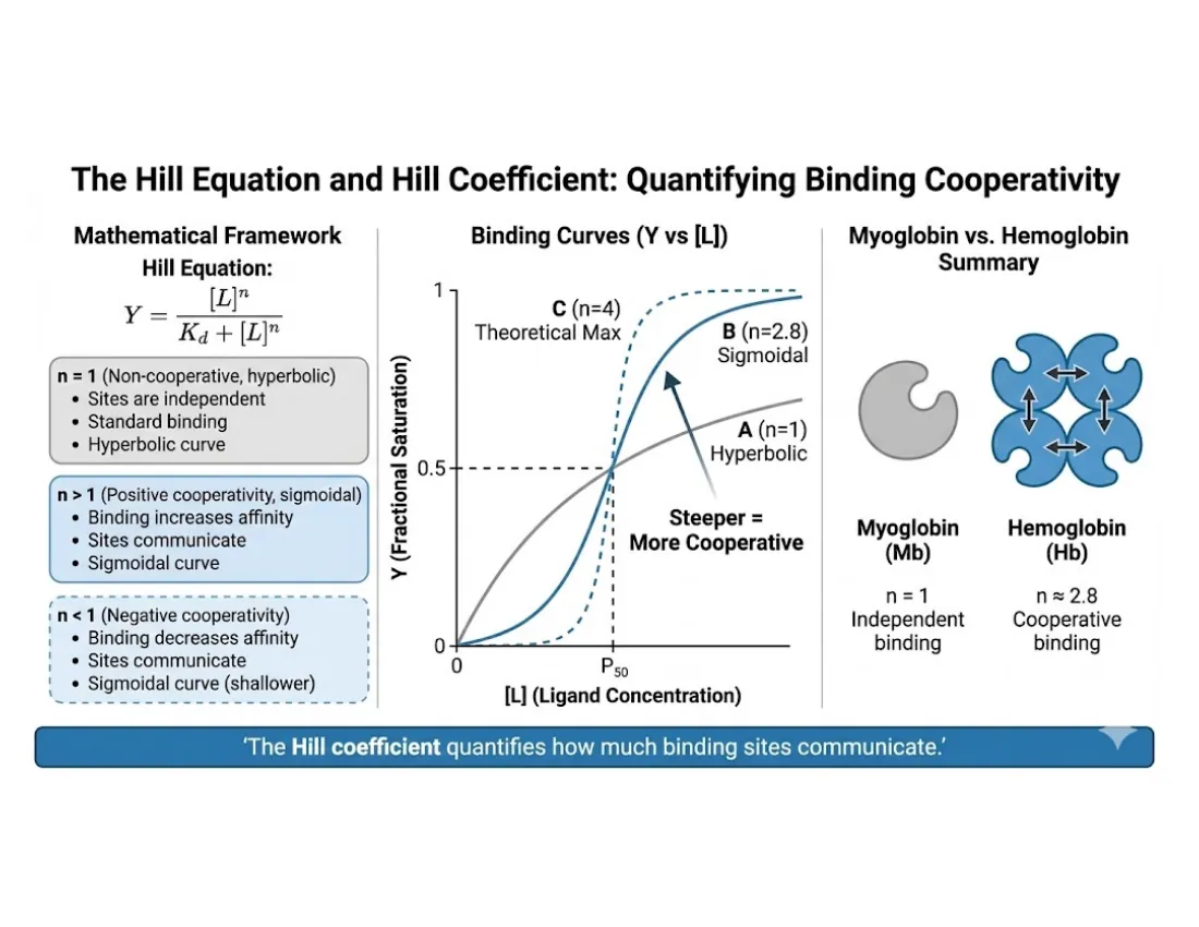 The Hill equation beside binding curves for different n values (n=1 hyperbola, n>1 sigmoid) and a myoglobin-versus-hemoglobin summary of cooperativity.