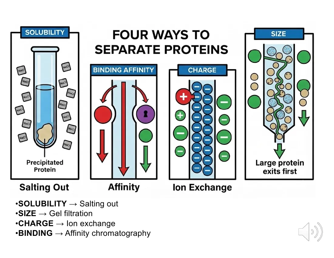 A four-panel schematic of the chromatographic principles: salting out (solubility), gel filtration (size), ion exchange (charge), and affinity (binding), noting that large proteins exit gel filtration first.