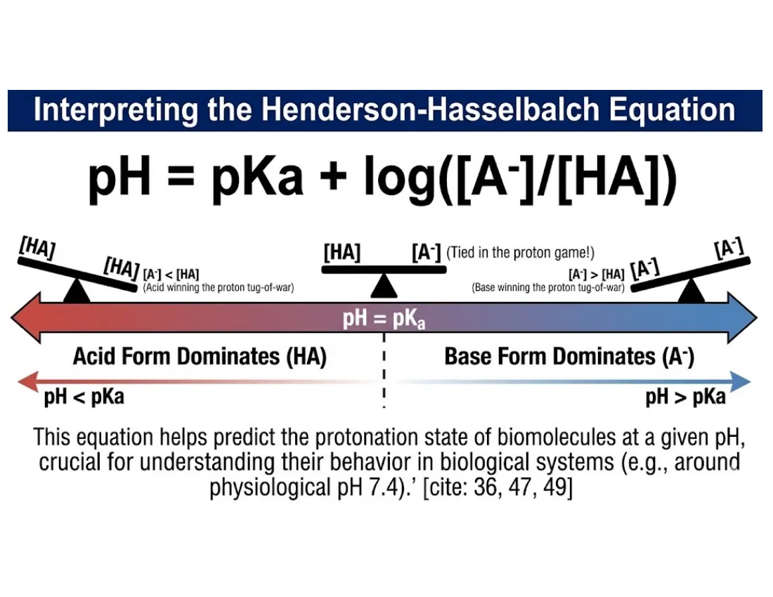 The equation pH = pKa + log([A⁻]/[HA]) annotated: below the pKa the acid form dominates, above it the base form dominates, and at the pKa the two are equal.