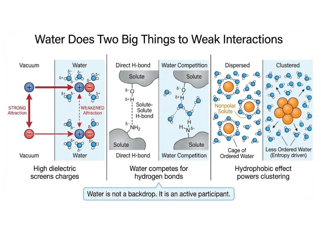 A comparison panel: water's high dielectric constant screens ionic charges (NaCl dissolves), and water competes for hydrogen-bond sites; the flip side is the hydrophobic effect, where ordered water cages power clustering.